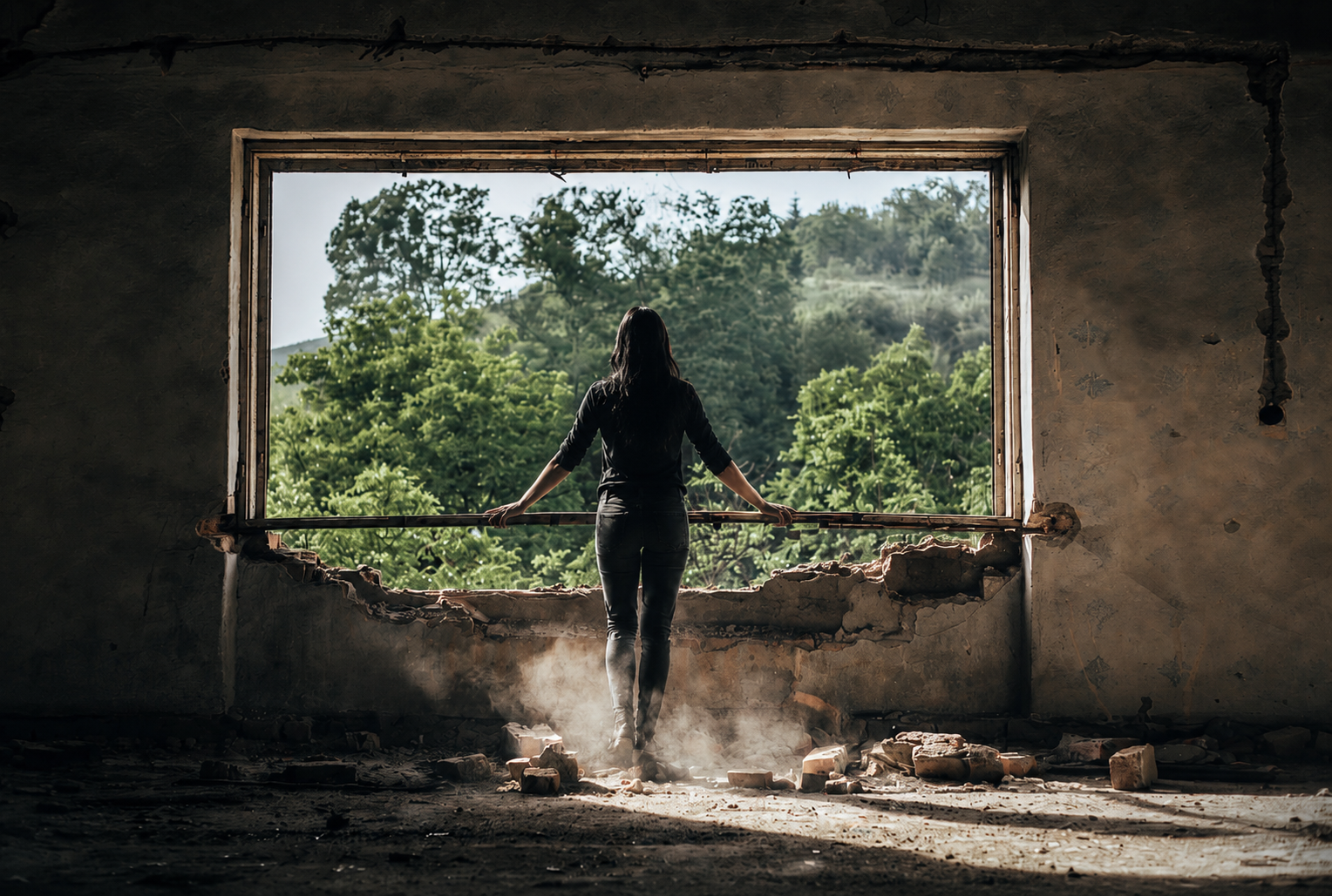 Een drempel doorbreken — zicht op het landschap door een uitgebroken muur